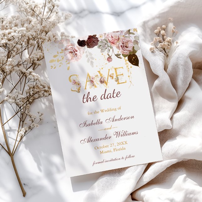 Save The Date Mariage Floral Bourgeons et Or Bourgogne (Créateur téléchargé)