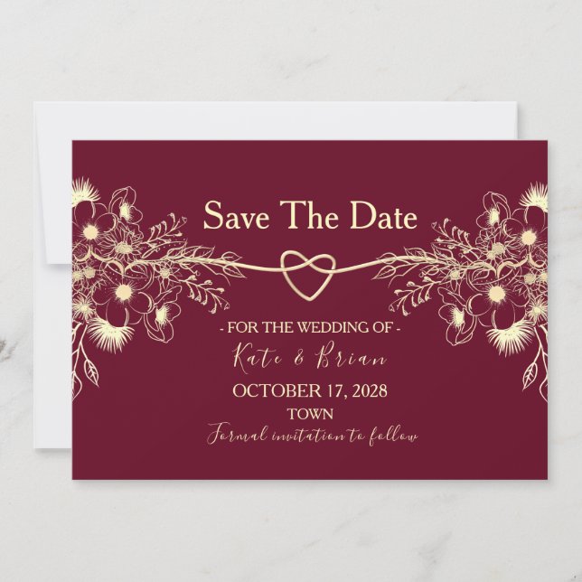 Save The Date Mariage Floral Bourgogne Or Enregistrer La Date (Devant)