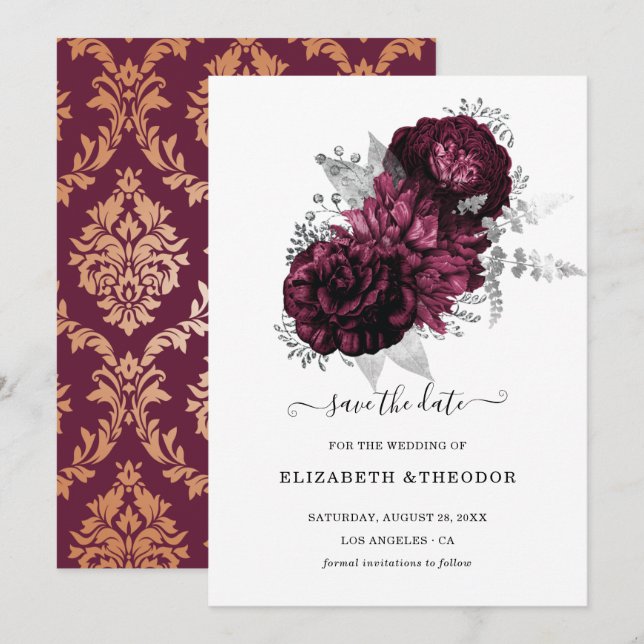 Save The Date Mariage floral bourguignon avec détails Damask (Devant / Derrière)