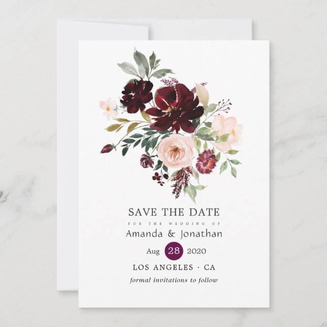 Save The Date Mariage Floral Bourguignon et Rose (Devant)