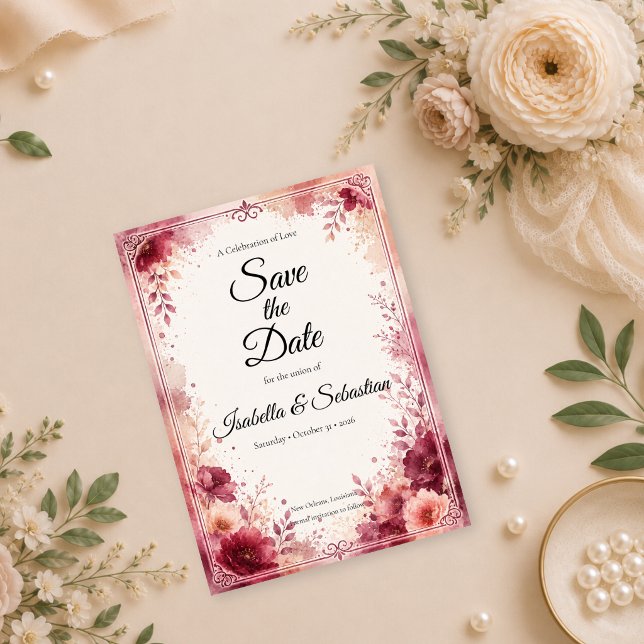Save The Date Mariage Floral Bourguignon Romantique (Créateur téléchargé)