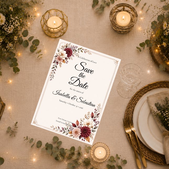 Save The Date Mariage Floral Bourguignon Rustique (Créateur téléchargé)