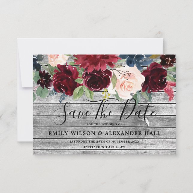Save The Date Mariage Floral Bourguignon Toutes Saisons en Bois  (Devant)