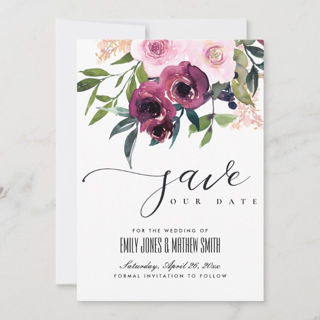 SAVE THE DATE MARIAGE FLORAL BURGUNDY BRILLANT (Devant)