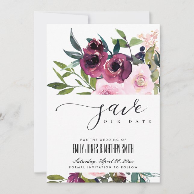 SAVE THE DATE MARIAGE FLORAL BURGUNDY BRILLANT (Devant)