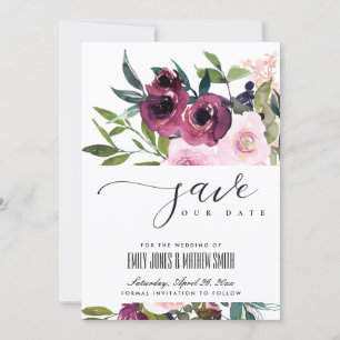 SAVE THE DATE MARIAGE FLORAL BURGUNDY BRILLANT