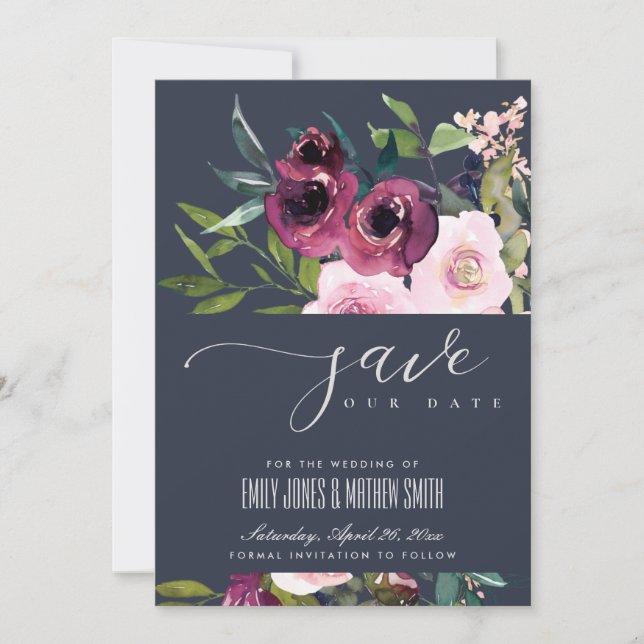SAVE THE DATE MARIAGE FLORAL BURGUNDY DE LA MARINE (Devant)
