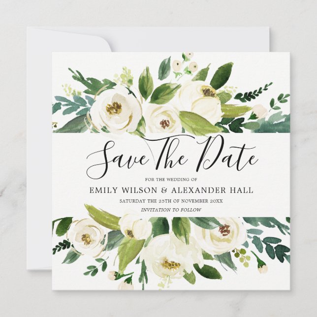 Save The Date Mariage Floral Champagne Crème Blanche Moderne (Devant)