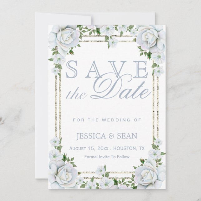Save The Date Mariage floral chic avec roses et bordure argentée (Devant)