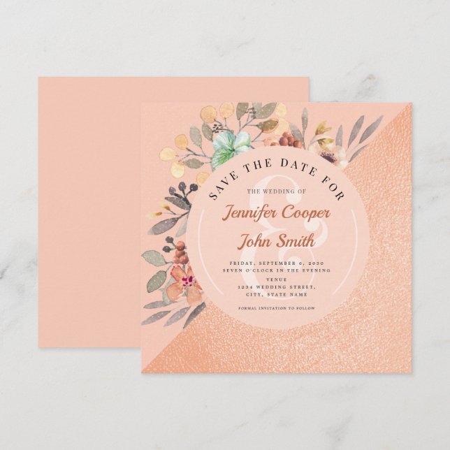 Save The Date Mariage floral chic en cuivre (Devant / Derrière)