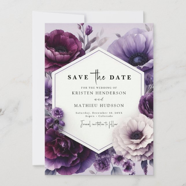 Save The Date Mariage floral chic et violet modifiable (Devant)