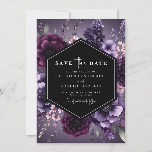 Save The Date Mariage floral chic moderne violet (Devant)
