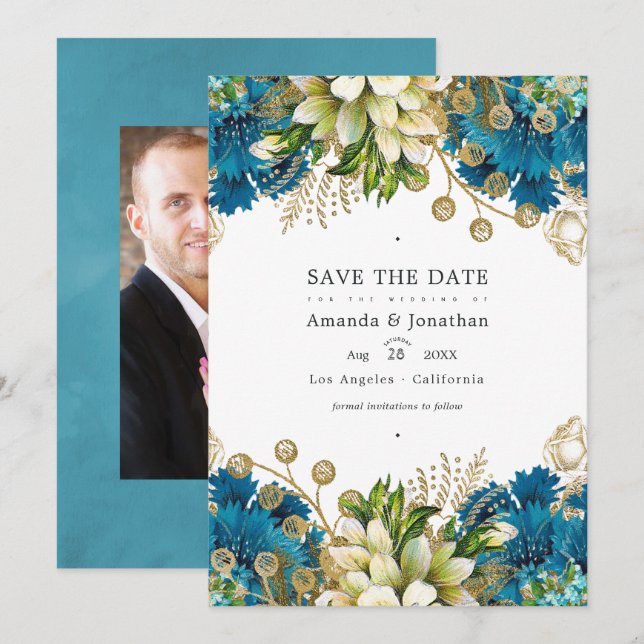 Save The Date Mariage Floral Chic Turquoise et Or Vintage (Devant / Derrière)