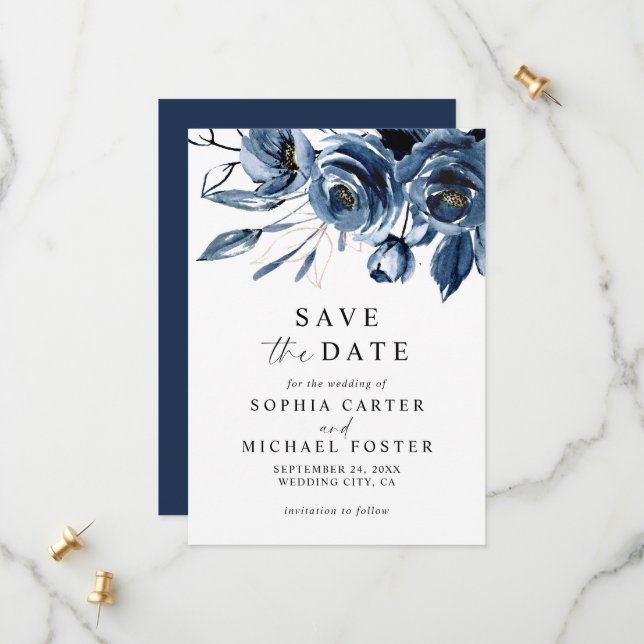 Save The Date Mariage Floral Classique Simple à l'Aquarelle Bleu (Devant/Arrière en situation)