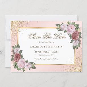Save The Date Mariage floral Confetti à cadre d'or rose