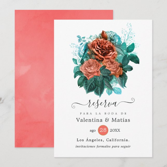 Save The Date Mariage floral corail et turquoise espagnol (Devant / Derrière)