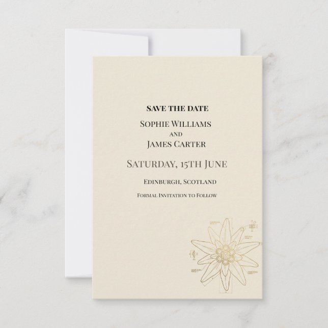 Save The Date Mariage floral crème et or (Devant)