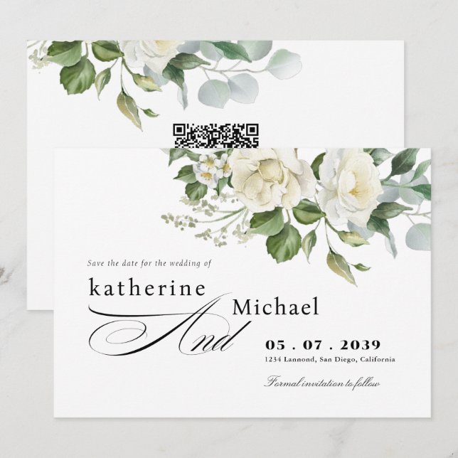 Save The Date Mariage Floral Crème Eucalyptus Écriture Calligrap (Devant / Derrière)