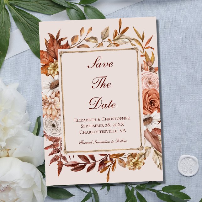 Save The Date Mariage Floral d'Automne Terracotta en Péché Brun (Créateur téléchargé)