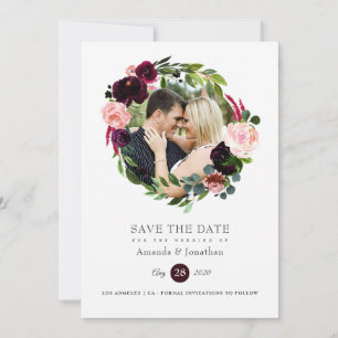 Save The Date Mariage floral de Bourgogne et rose pâle