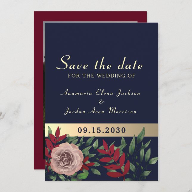 Save The Date Mariage floral de la marine d'automne de Bourgogne (Devant / Derrière)