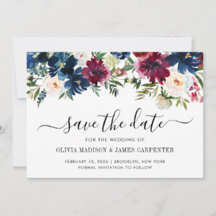 Save The Date Mariage floral de la marine moderne Bleu Bourgogne