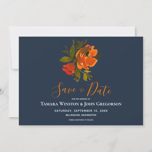 Save The Date Mariage floral de la marine orangée de Bohême mode (Devant)