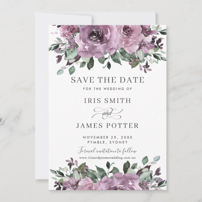 Save The Date Mariage Floral de Mauve Pourpre Rustique avec Verd (Devant)