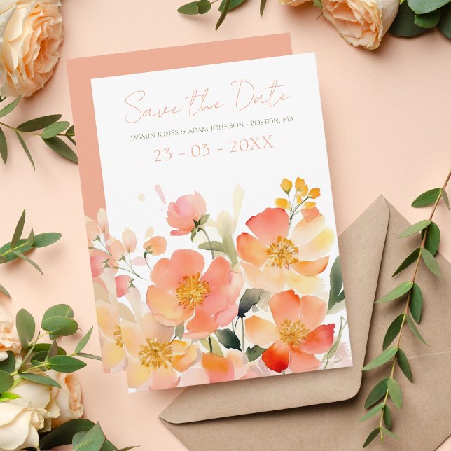 Save The Date Mariage Floral de Pêche Orange Aquarelle moderne (Créateur téléchargé)