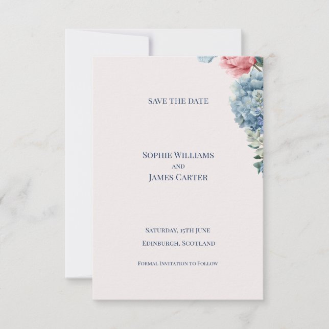 Save The Date Mariage Floral de Rose Rouge Hydrangea Bleue (Devant)