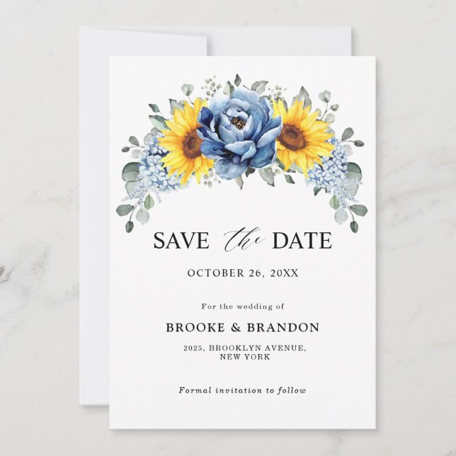 Save The Date Mariage floral de tournesol Bleu Ardoise Pivoine (Devant)