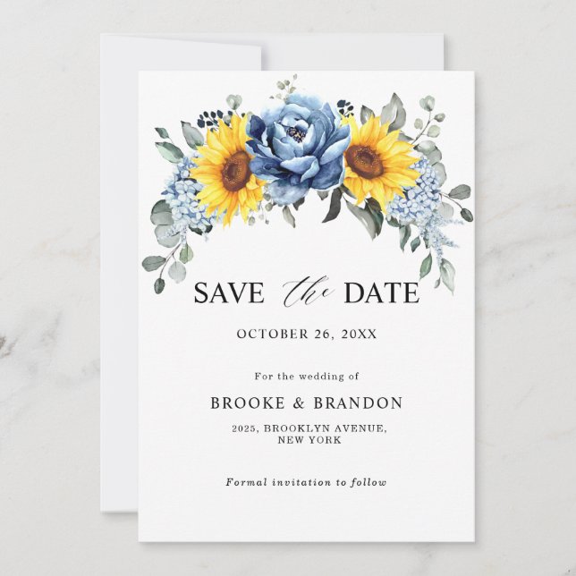Save The Date Mariage floral de tournesol bleu ardoise poussiére (Devant)