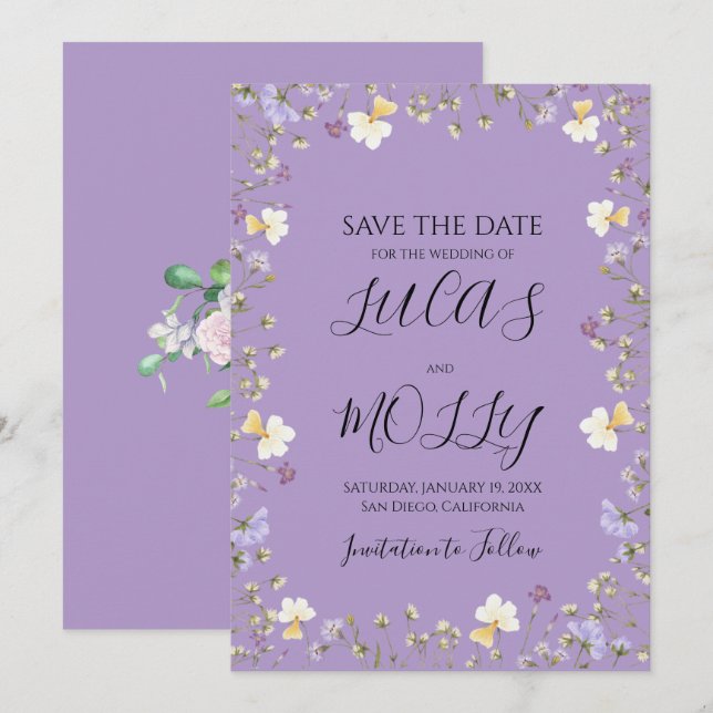 Save The Date Mariage Floral d'été aux fleurs sauvages violettes (Devant / Derrière)