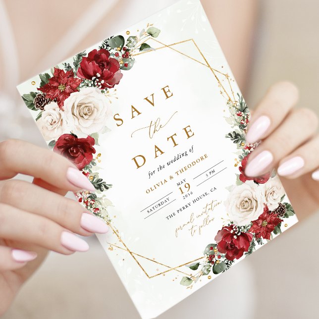 Save The Date Mariage Floral d'Hiver Bourguignon Or (Burgundy gold winter floral save the date card with geometric, holiday wedding invitation)