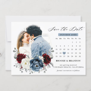 Save The Date Mariage floral d'ivoire blanc bleu ardoise