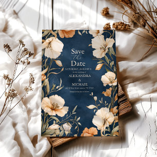 Save The Date Mariage floral d'ivoire Elégant bleu marine