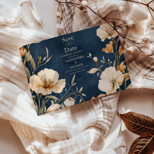 Save The Date Mariage floral d'ivoire Elégant bleu marine