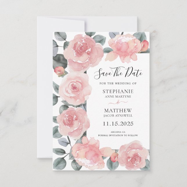 Save The Date Mariage floral Dusty Rose Eucalyptus (Devant)