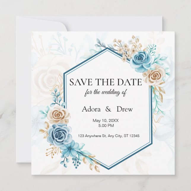 Save The Date Mariage floral élégant bleu beige (Devant)