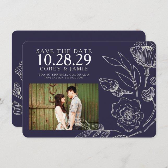 Save The Date Mariage floral élégant bleu marine (Devant / Derrière)