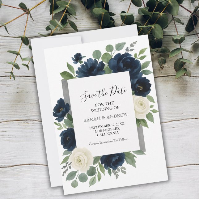 Save The Date Mariage floral élégant bleu marine et ivoire (Elegant Navy Blue & Ivory Floral Wedding Save The Date)