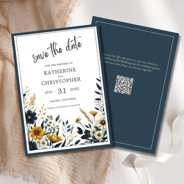 Save The Date Mariage floral élégant en or bleu (Blue and Yellow Wildflower Floral Elegant Save the Date Card with QR Code for Wedding Website.)