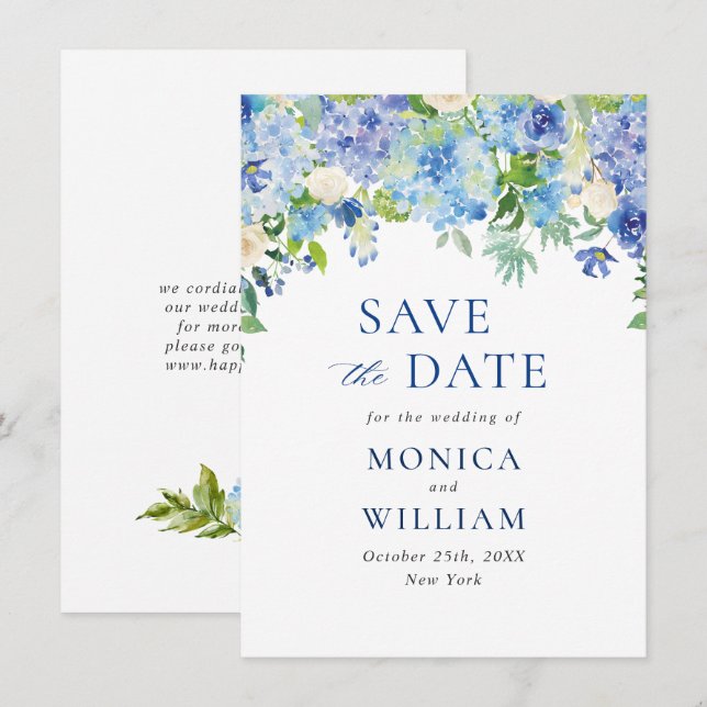 Save The Date Mariage Floral Élégant Hydrangea Bleu (Devant / Derrière)
