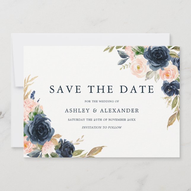 Save The Date Mariage Floral Élégant Moderne Bleu Marine Rose (Devant)