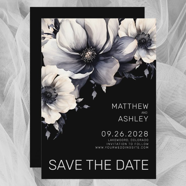 Save The Date Mariage Floral Élégant Moderne Noir Blanc (Modern Elegant Black White Floral Wedding Save the Date)