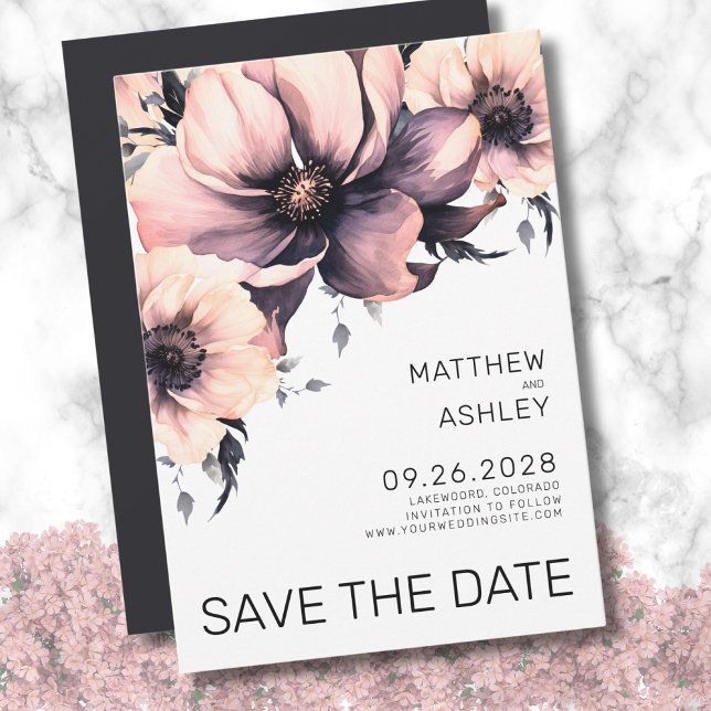 Save The Date Mariage Floral Élégant Moderne Rose (Simple Elegant Floral Pink Black White Wedding Save the Date)