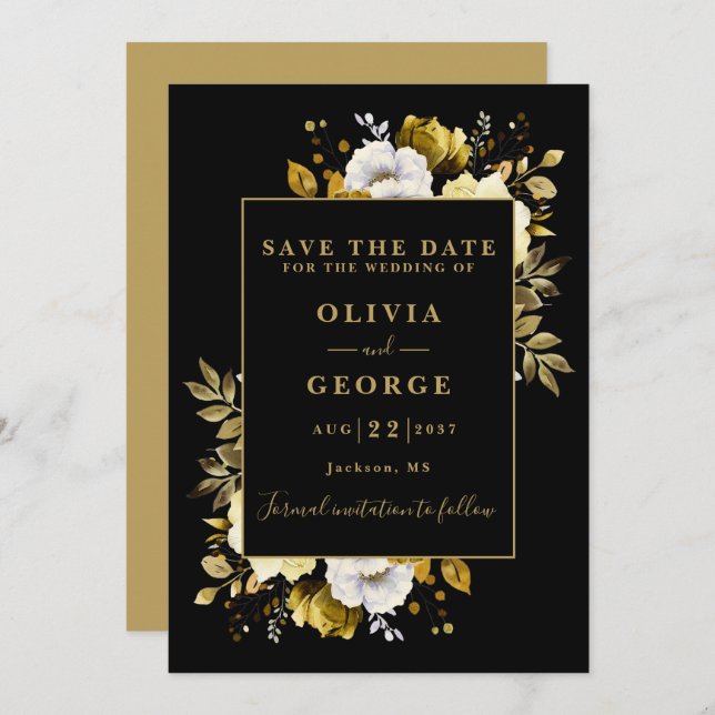 Save The Date Mariage Floral Élégant Noir Et Or (Devant / Derrière)