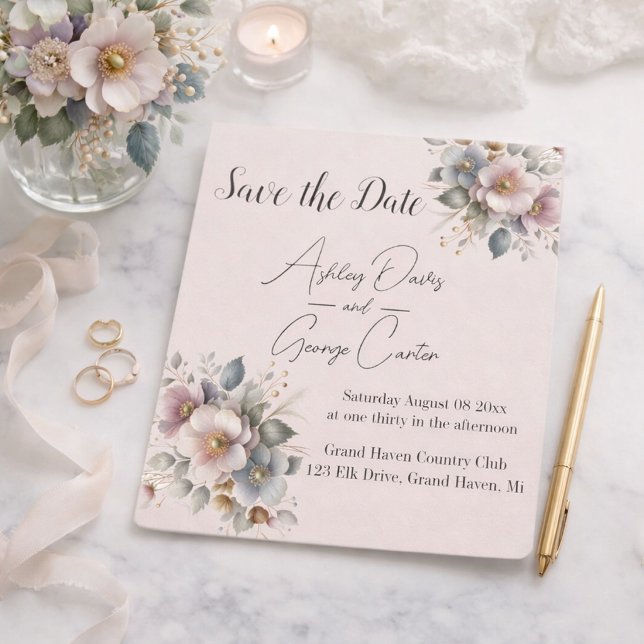 Save The Date Mariage floral élégant rose, bleu et crème (Créateur téléchargé)