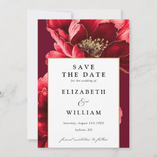 Save The Date Mariage floral élégant rouge burgundy et or