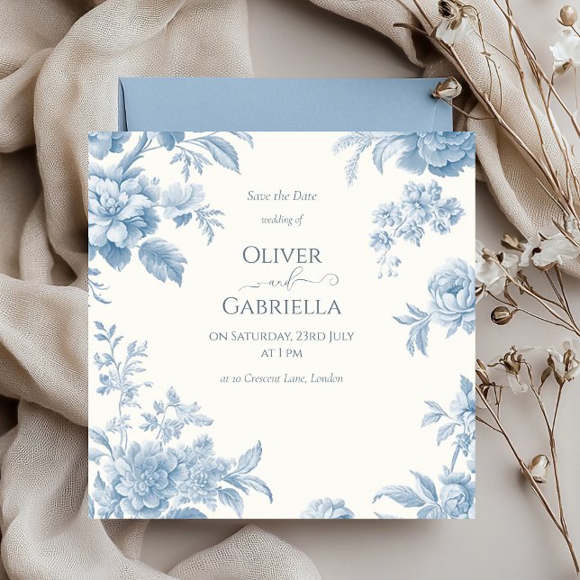 Save The Date Mariage floral élégant toile française bleue (Créateur téléchargé)